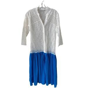 Sandro‎ Paris Sz 6 US 36 FR Maca Eyelet Lace Pleated Skirt Midi Dress White Blue